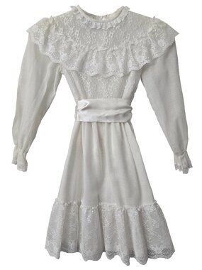 Vintage Polly Flinders Lace Dress 8 Satin Belt Modest Church Christening USA 80s